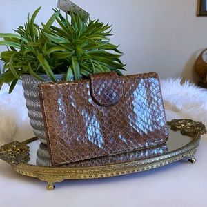 Vintage brown snake skin leather trifold wallet
